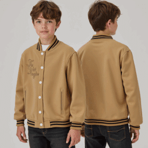 Camel tan varsity jacket embroidery
