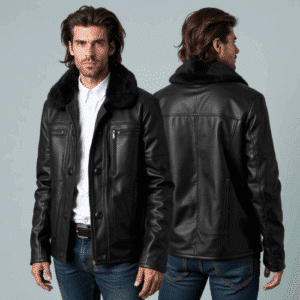 black leather jacket with fur collar