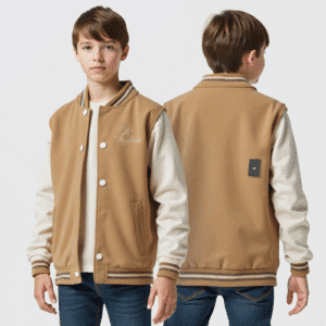 Youth-sized varsity jacket tan body