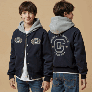 navy hooded varsity jacket with patches