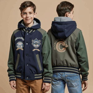 kids two-tone varsity jacket with hood