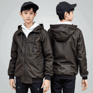 youth hooded brown synthetic leather jacket