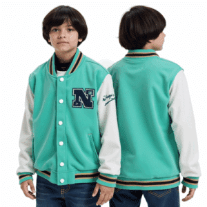 teal varsity jacket with N patch