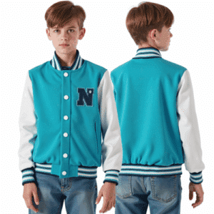 turquoise youth varsity jacket with patch