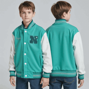 turquoise varsity jacket with white sleeves