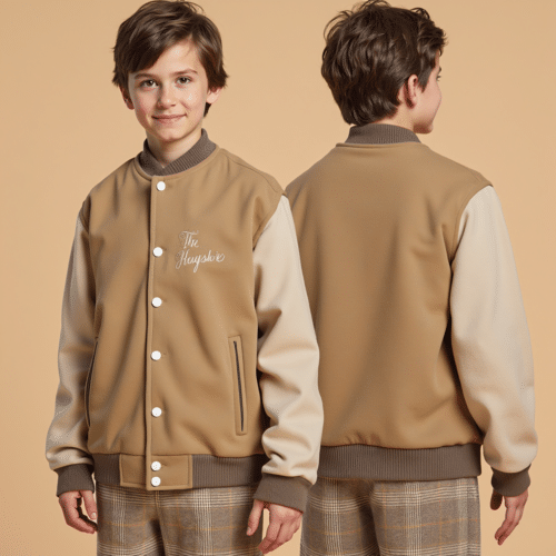 youth two-tone varsity jacket camel